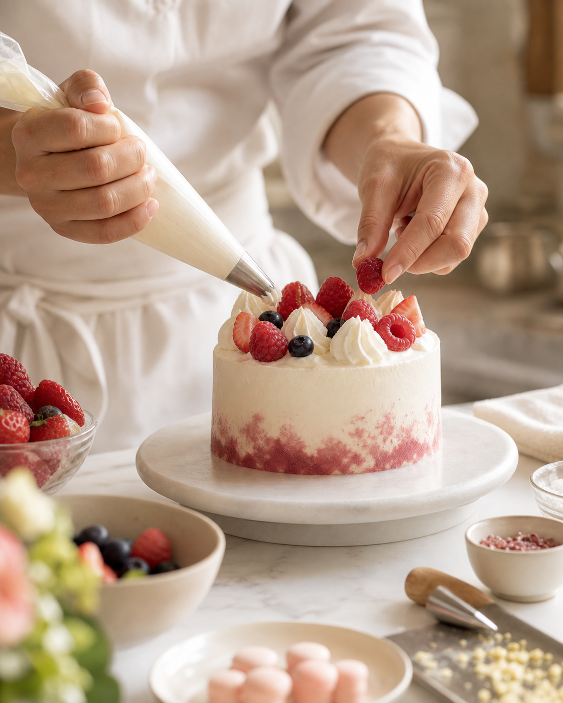 ケーキを仕上げるパティシエの手元